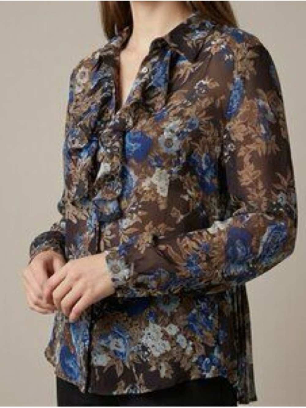 Coldwater Creek Sheer Floral Ruffle Button Up Blouse in Brown and Blue size 2X
